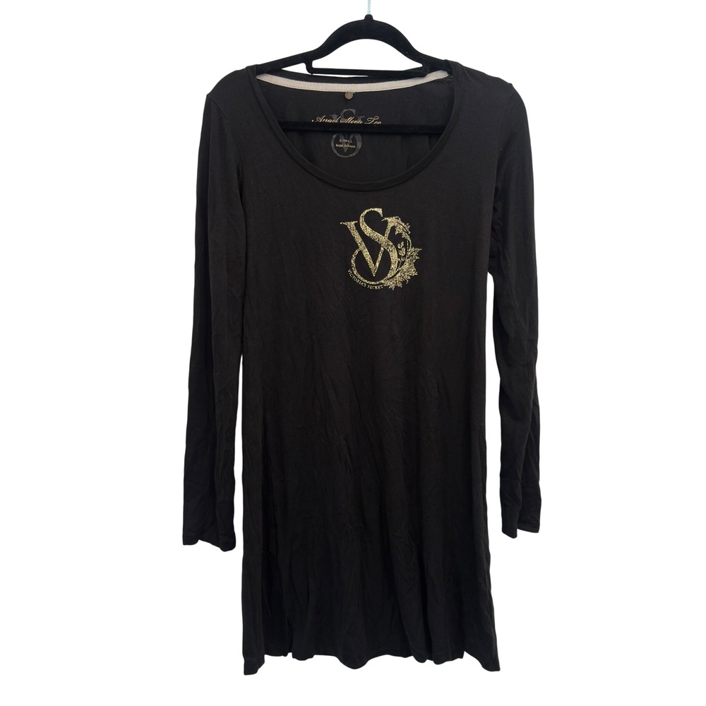 Victorias Secret Sleep Shirt Black Gold Logo Long Sleeve Nightgown Sleepshirt XS